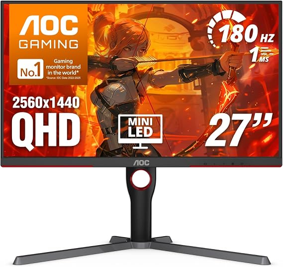 AOC 27 Inch Gaming Monitor QHD 180Hz Mini-LED HDR1000, Q27G3XMN | 34401440 Computer Monitor, 0.3ms, HDR400, USB 3.2, DP 1.4, HDMI 2.1, Height Adjustable Stand, Audio Out, VESA Mount