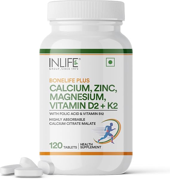 INLIFE Calcium Magnesium Zinc Vitamin D K2 Folic Acid & B12 Vegetarian Tablets, Bone & Joint Support Supplement | Calcium Supplement for Women Men - 120 Tablets (Pack of 1)