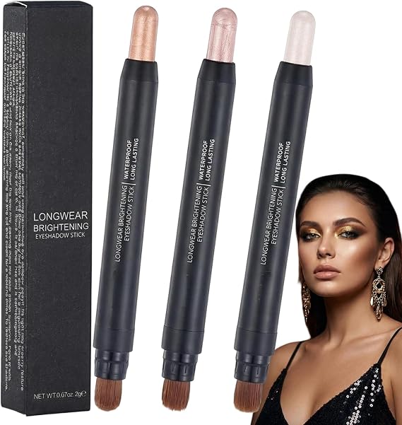 3pcs 2-in-1 Double Ended Eyeshadow Stick with Glitter,Gummy Twinkle Stick Eyeshadow,Eyeshad/ow S/tick with Brush,Waterproof &amp; Creamy Eyesh/adow Pencil for Mature Skin,Eye Shadows for Older Women