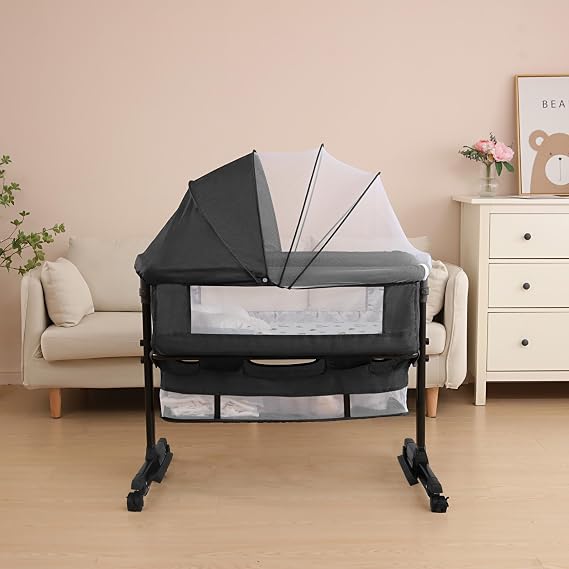 YADAQE Baby Cradle, Freestanding Bedside Bassinet, 3-in-1 Convertible Bassinet with 360 Swivel Wheels, 2026 New Model Adjustable, Easy-Fold Portable Neutral Baby Newborn Bassinet (Dark Gray)