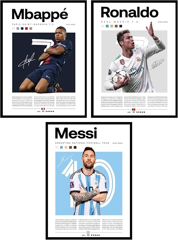 BigWig Prints Soccer Star Posters, Messi and Ronaldo, Set of 3, 12x16 in | Ideal for a Boy's Bedroom, Includes Messi, Ronaldo, and Mbappe, Great for Young Soccer Fans, Unframed