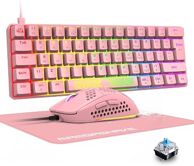 Pink K65 Pro 60% Gaming Keyboard and Mouse Combo Small Mini RGB Backlight Mechanical Keyboard and Ultralight Honeycomb Optical Mouse,Mouse Pad Tactile Blue Switch Anti-Ghosting for Xbox,PS4,PC,Laptop