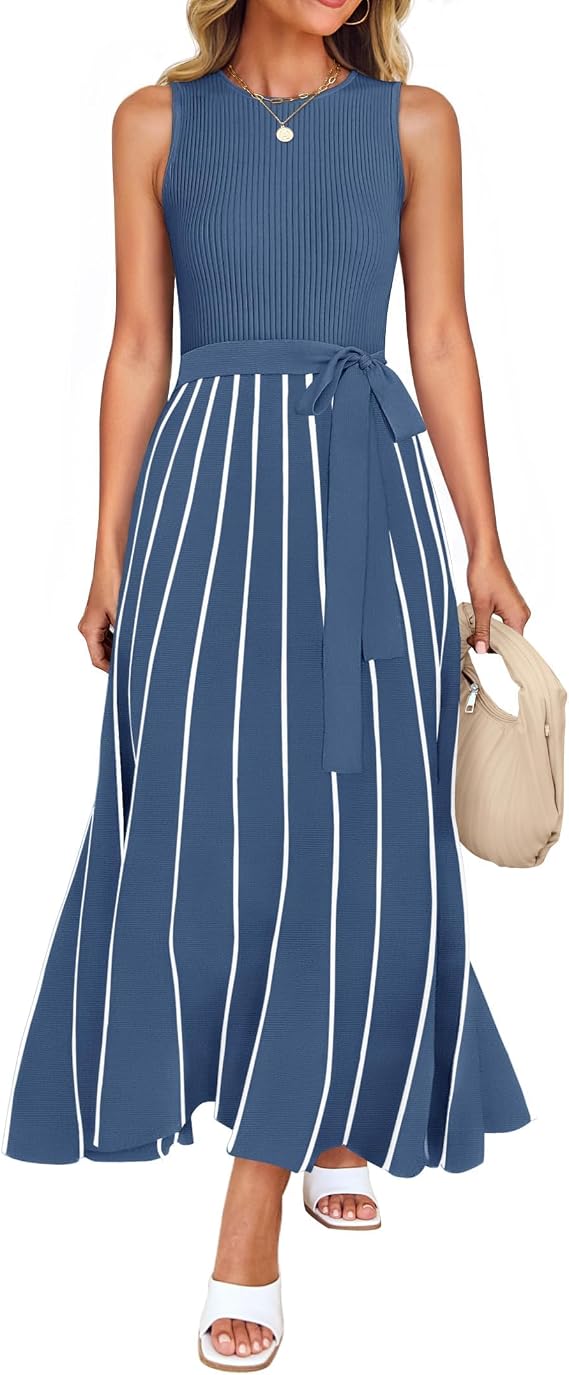 ZESICA Women's Sleeveless Ribbed Knit Tie Waist A Line Maxi Sweater Dresses