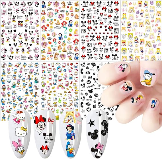 Cartoon Nail Art Stickers Cute Cartoon Nail Decals 3D Self-Adhesive Nail Art Supplies Designer Nail Stickers for Women Acrylic Nails Decoration Accessories 7 Sheets