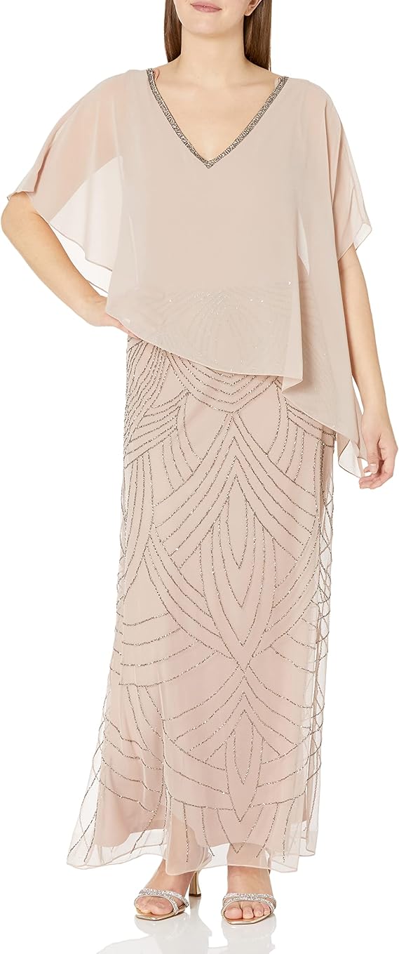 J Kara Women's Caplet V-Neck Mock 2 Piece Beaded Dress