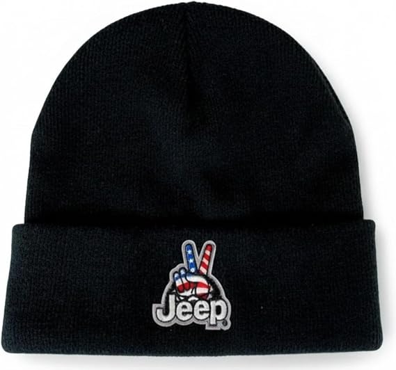 Jeep Wave USA Logo Patch Knit Hat Flip Knit Beanie (Black)