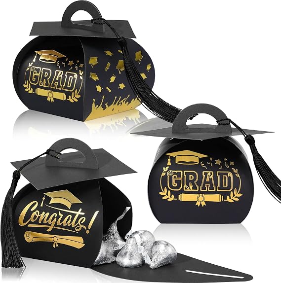 TaoBary 30 Pcs Graduation Cap Gift Boxes Graduation Decorations Class of 2026 Candy Box with Tassel for 2026 Grad Party Favors Supplies(Black, Gold)