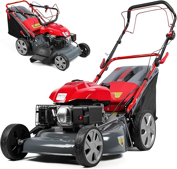 Lawn Mower Gas Powered, 173cc Engine Self Propelled Lawn Mower 20-Inch with 60L Grass Bag, 3-in-1 Mulching, Bagging & Side Discharge Self Propelled Walk-Behind Push Mower for Landscaping (Red)