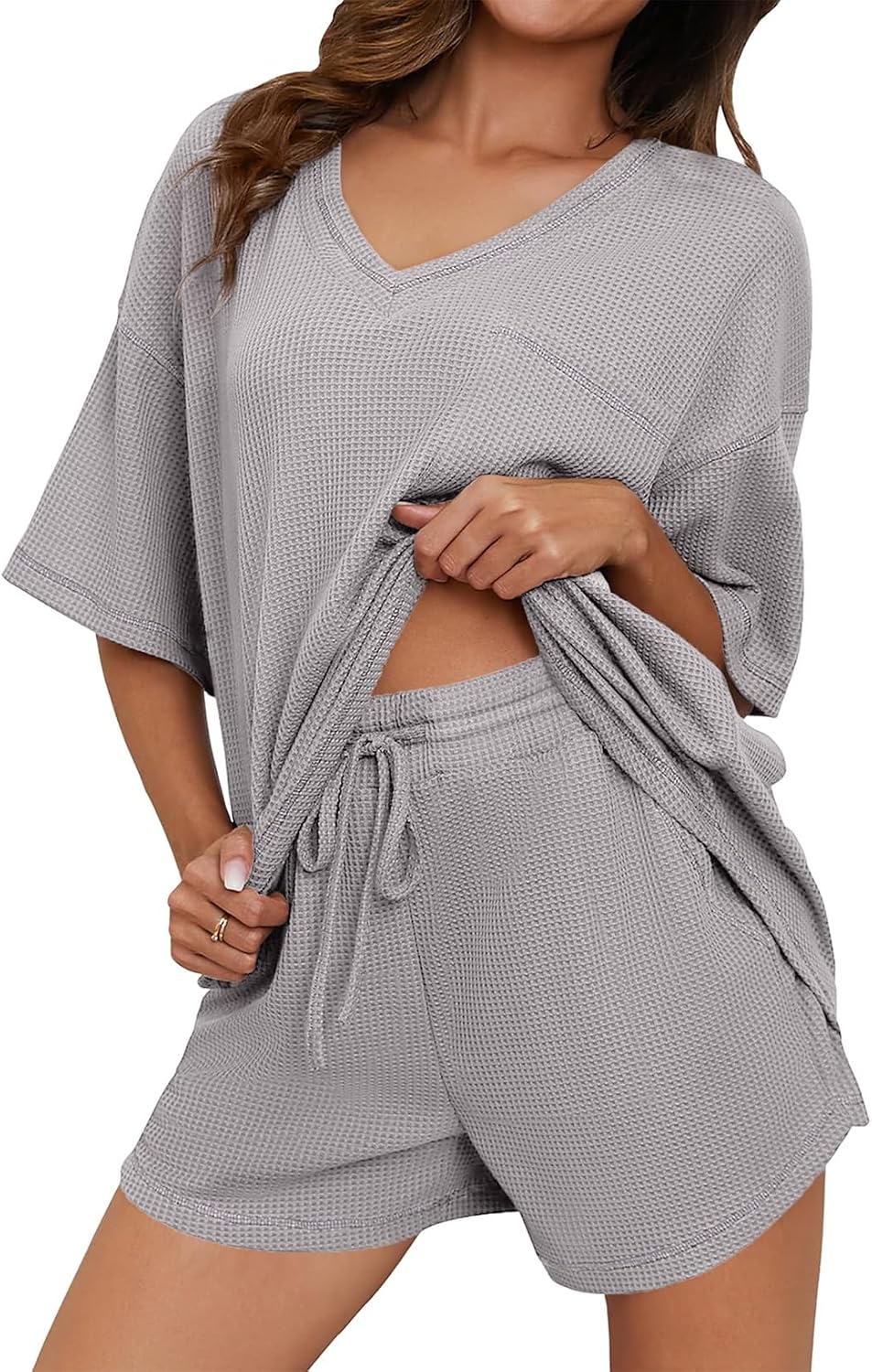 Dokotoo Womens 2 Piece Loungewear Sets Casual Short Sleeve Womens Tops Drawstring Shorts Pants Waffle Knit Sets
