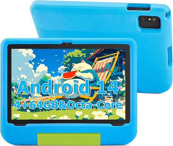 Kids Tablet 10 Inch - Android 14 Tablet for Kids, Octa-Core, 4GB RAM 64GB ROM Expandable, IPS HD 1280x800, WiFi 6, 5000mah Battery, GMS, 2.0MP + 5.0 MP, Parental Control (Blue EVA Case)
