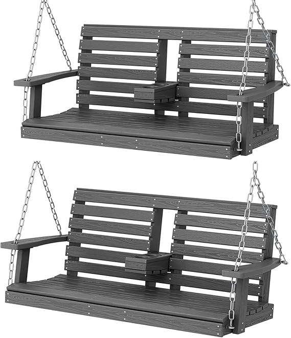 KINGYES Outdoor Hanging Porch Swing Set of 2, 2 Seat Patio Swing Recliner with Cup Holders, Waterproof Swing Recliner Bench for Courtyard & Garden, 660LBS Weight Capacity, Gray