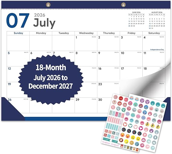 Desk Calendar 2026-2027, 18 Months, Jul 2026-Dec 2027, 17x12 Inch, Navy | 2-in-1 Desk & Wall Design, Frosted PVC Cover, 120 GSM Thick Paper, Sturdy 350 GSM Backboard, 2 Bonus Sticker