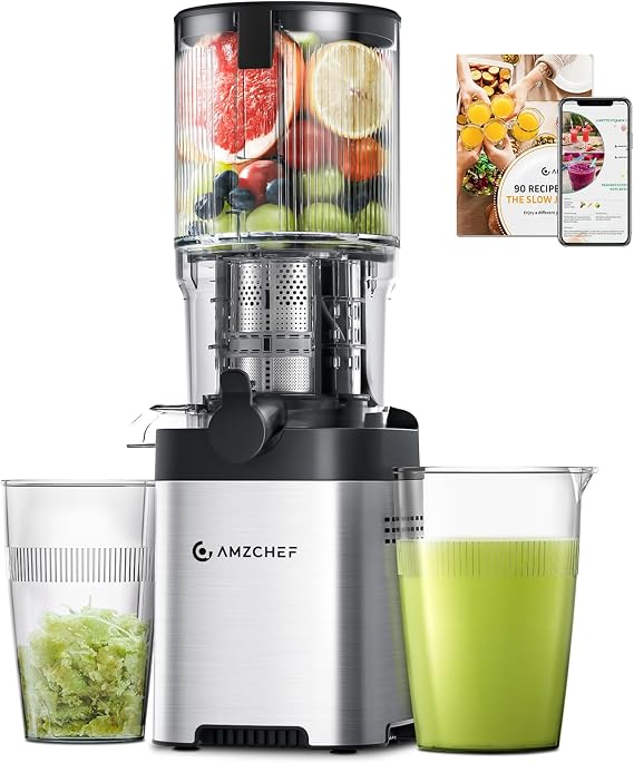 AMZCHEF Cold Press Juicer, 5.4" Juicer Machines with Large Feed Chute for Whole Fruits & Vegetables, Stainless Steel Juice Extractor with