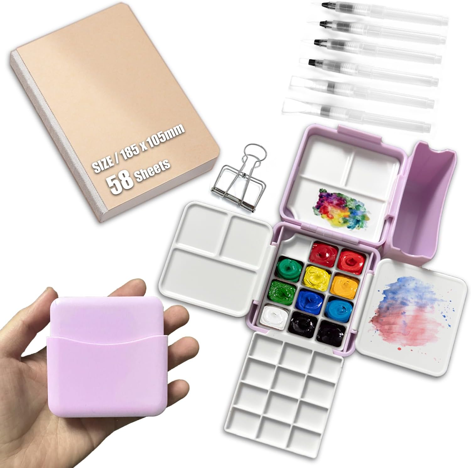 Mini Travel Watercolor Set Pocket Artist Watercolor Travel Set Grid Palette Box Sketch Book Brush Pens with Binder Clips for Painters Artists Students Purple
