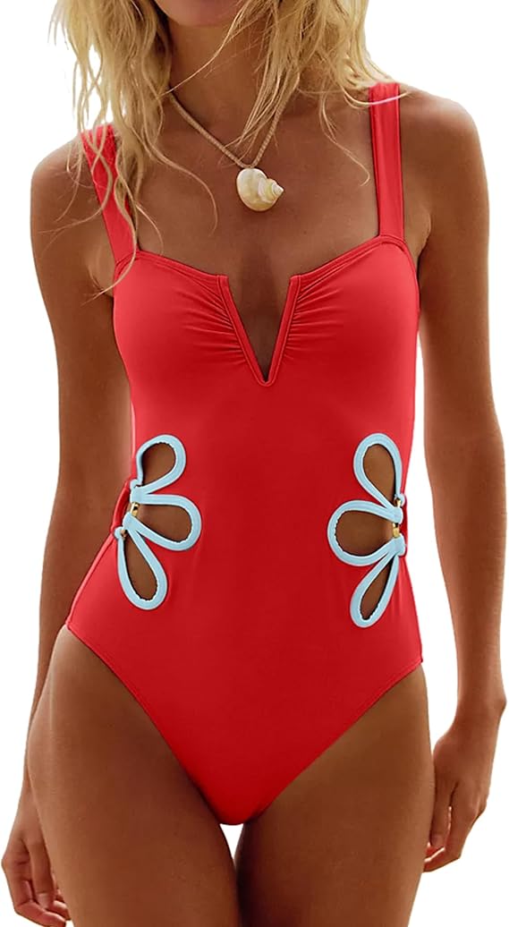 seamoly One Piece Swimsuit Women Slimming Floral Cut Out Color Block Bathing Suit Ruched Cheeky 1 Piece Swimwear Red M