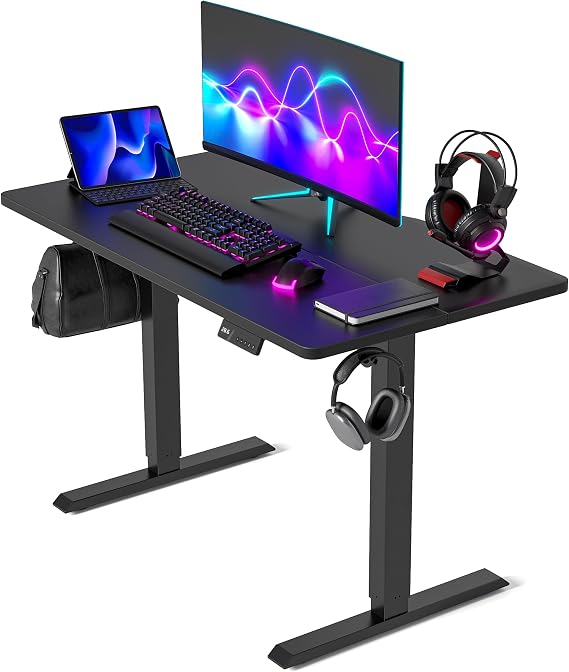 FEZIBO Electric Standing Desk 100 x 60 cm, Height Adjustable Sit Stand Desk with 3 Memory Presets, Home Office Computer Desk, Black Frame with Black Top