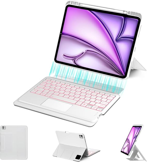 Keyboard Case for iPad Air 13 Inch (M4/M3/M2) & iPad Pro 12.9 inch (3/4/5/6th Gen), Magnetic Detachable Touch Keyboard, 7-Color Backlit, Protective Case with Pencil Holder, Adjustable Stand, White