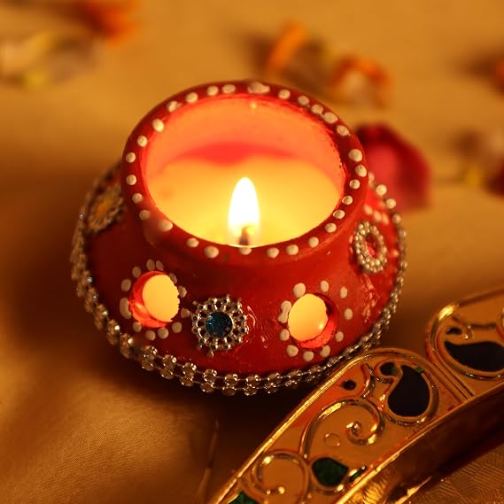 12 Piece Handmade Clay Matki Diyas, Wax Filled & Hand Painted in Red Color | Set of 12 Handmade Terracotta Matki Diyas with Wax Filling, Ideal for Diwali, Pooja, Festive Décor and Gifting [Energy Class A]
