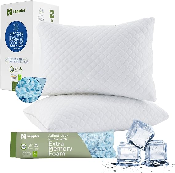 Nappler Cooling Pillow for hot Sleepers - Bed Pillows King Size Premium Set of 2 - Supportive Breathable Adjustable Shredded Memory Foam - Medium to Firm Pillows for Back, Stomach & Side Sleepers