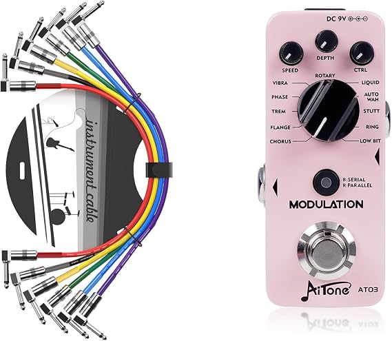 AITONE Modulation Pedal (AT-03) and Patch Cables 6 Pack 1/4" inch TS Right Angle Guitar Patch Colored Cable (A-C05)
