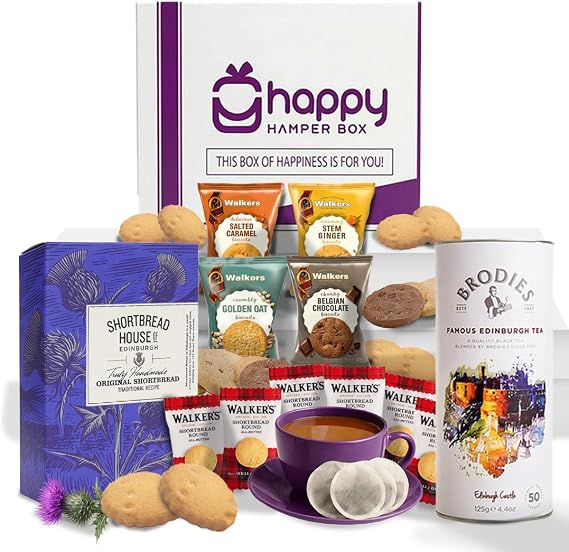 Happy Hamper Box – Premium Scottish Afternoon Tea Hamper Gift Set, 12 Items | Gifting Ready - Edinburgh Tea, Shortbread, Assorted Biscuits | Hamper Gifts for Women Men, Birthday, Anniversary, Thank You