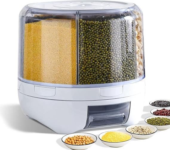 Grain Dispenser, 360 Rotating Storage Container, 6 Grid Food Dispenser with Storage Sealed Lid, Rice Dispenser for Grains, Beans, Rice, Peanut, Barley