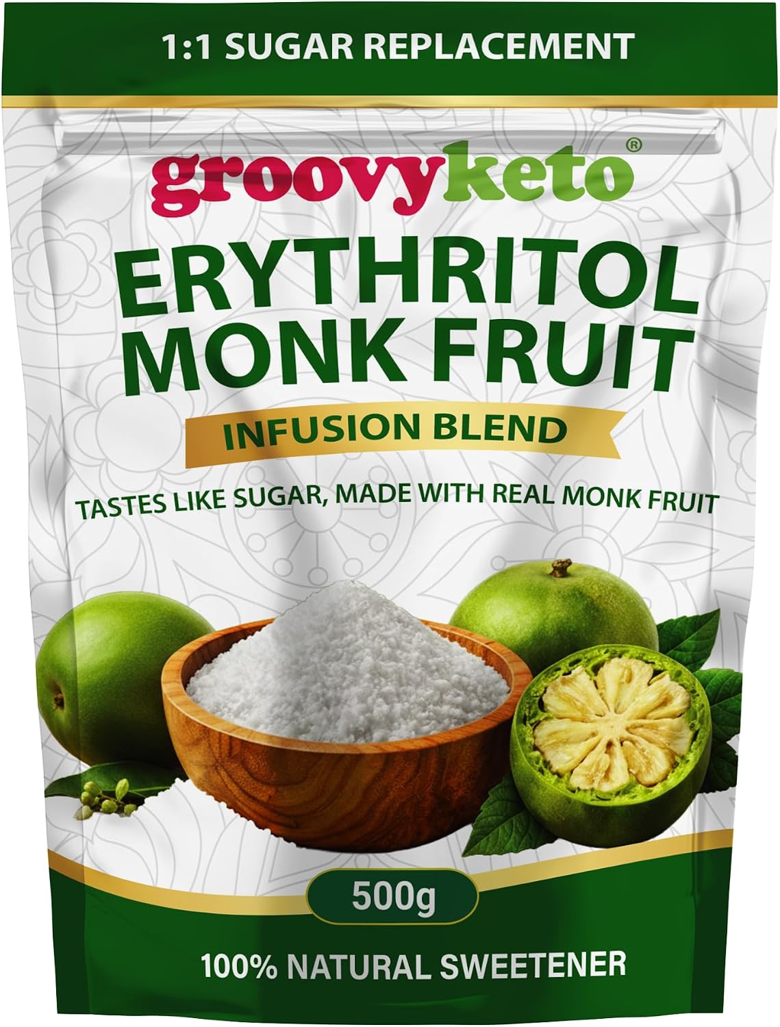 Monk Fruit Decoction & Erythritol Sweetener Blend by Groovy Keto | Real Monk Fruit Decoction Infusion | 1:1 Sugar Replacement | Zero Calorie Keto Sweetener | Natural Sweetener | Granulated (500g)