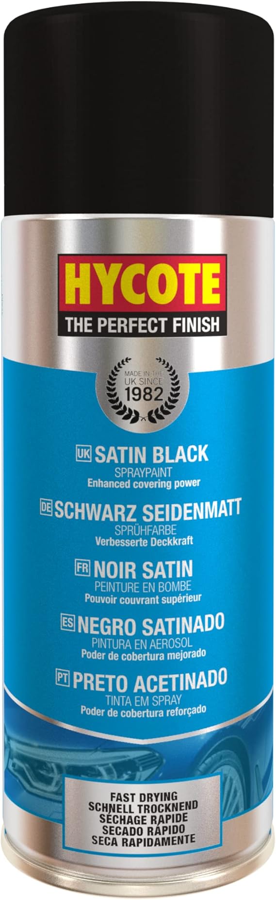 Hycote Black Spray Paint, Satin Black, 13.5 Oz - Fast Drying, UV & Weather Resistant, Acrylic Formula for Superior Protection For Automotive & DIY Use, 400ml