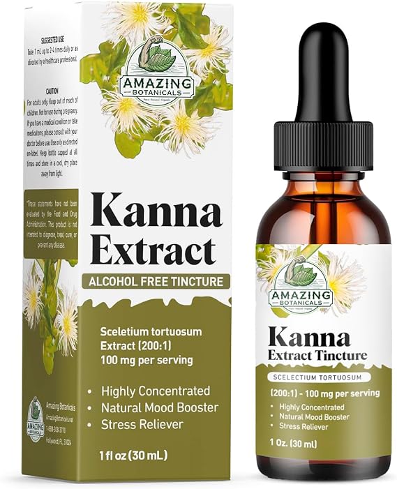 Amazing Botanicals Kanna Extract Tincture, Sceletium Tortuosum Liquid Drops, 100mg Per Serving, Non-GMO, Vegan, Gluten-Free, Alcohol-Free, 30ml (1oz)