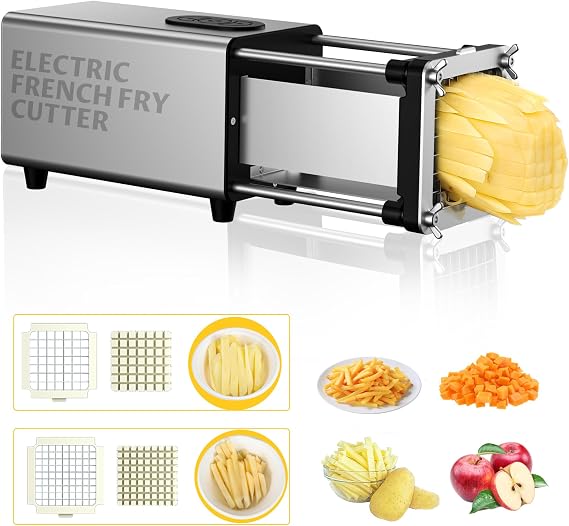 YOTAN Electric Potato Chip Cutter with 2 Size Blades, Professional French Fries Cutter with 1/2" and 3/8" Stainless Steel Blades for Cutting Onions, Potatoes, Cucumbers
