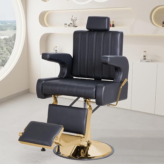 FHFO Barber Salon Hair Chairs for Barbershop, Hydraulic Barber Chair, BK/GD | 360 Swivel | 135Reclining | PU Leather | Adjustable Headrest & Footrest | High-Density Sponge | for Salon, Spa, Home