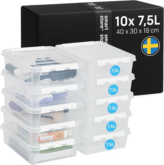 SmartStore - 10x Plastic Storage Box with Lid Classic 7.5L (40x30x11cm) |Plastic Storage Drawers with Lid|Food-Safe Material|Kitchen & Organisation|Durable Container for Home & Office|