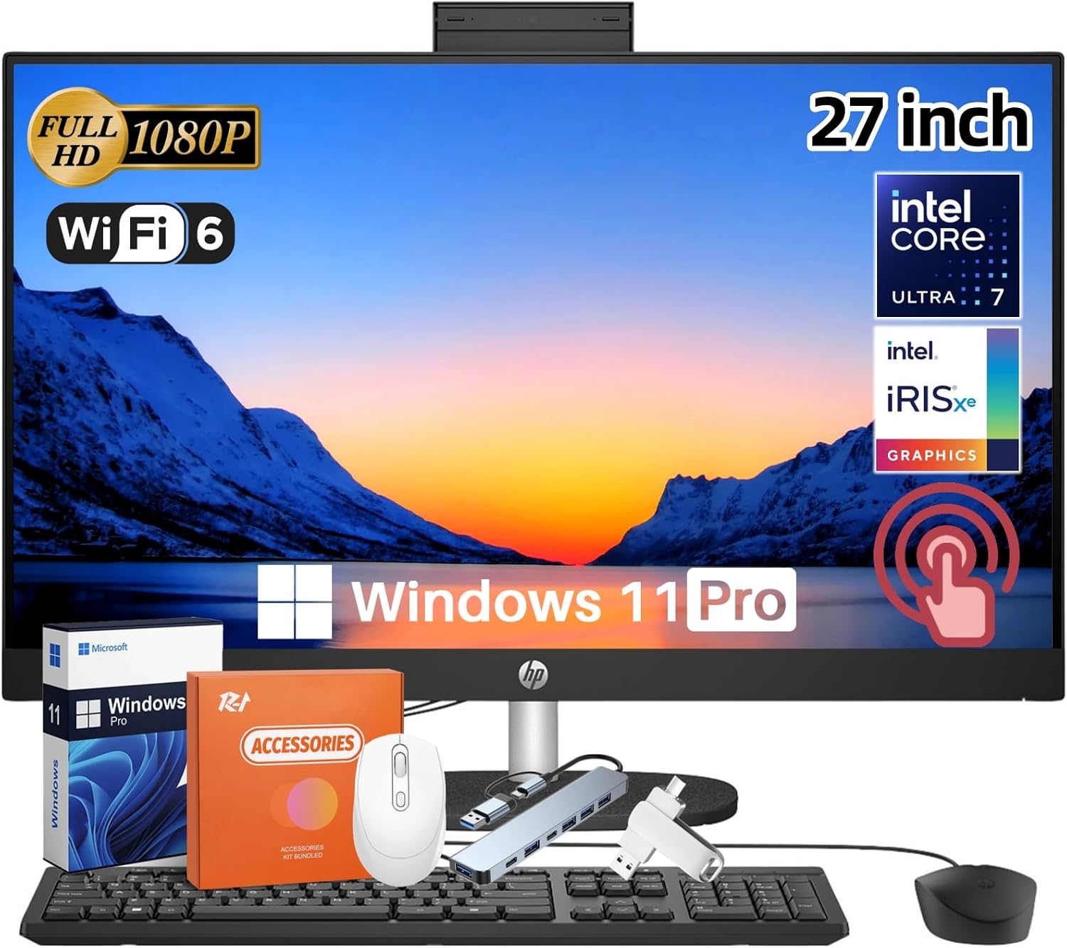HP 27 Inch All in One Touchscreen Desktop Computer, Intel Ultra 7 155UUp to 4.8GHz, Intel IrisXe, FHD Anti-Glare Touchscreen, 64 GB DDR5, 2 TB SSD, Windows 11 Pro, Accessories, Jet Black