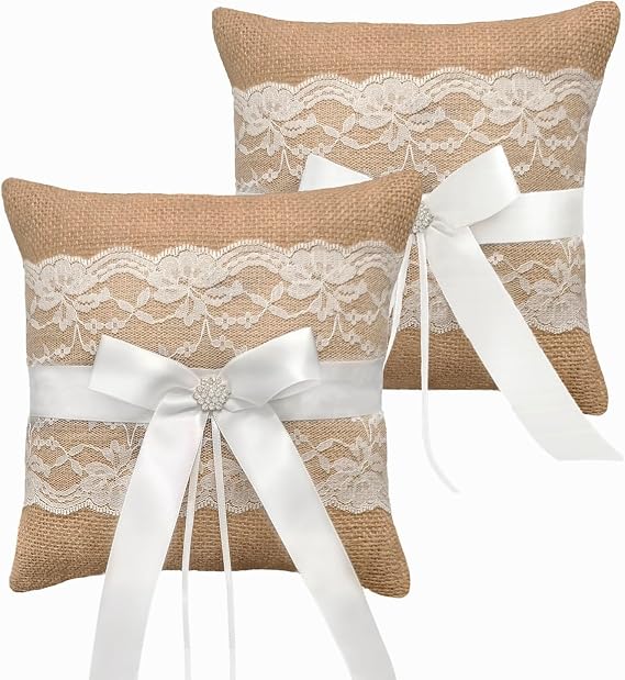 Wedding Ring Bearer Pillows: Set of 2 Rustic Lace Burlap Backup Ties - Rustic Secure Pair for Bride's Flawless Ceremony Ring Safeguard