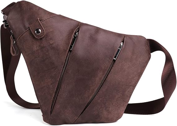 FANDARE Anti-Theft Sling Chest Pack for Men Genuine Leather Crossbody Shoulder Bag Segmented Crossover Backpack Business Travel Cycling Camping Hiking One Strap Backpack Daypack Waterproof Dark Brown