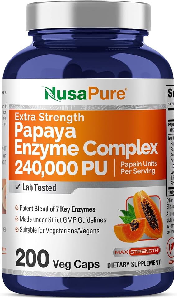 Papaya Enzyme 240,000 PU, Non - GMO, Vegan, 200 Veg Capsules - 100 Servings | Multi Enzyme Blend, 10:1 Carica papaya Papain Extract, Suitable for Adults, Manufactured in cGMP Registered Facility USA