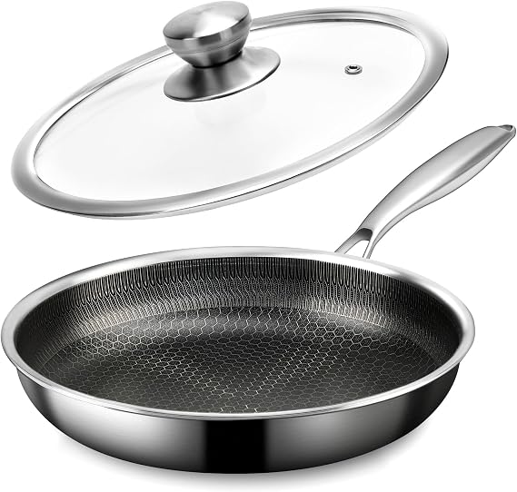 8" Stainless Steel Frying Pan with Lid, Honeycomb, PFOA Free