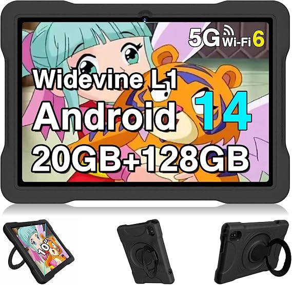 Tablet 10 Inch Android 14 Tablet, 20GB+128GB/1TB Expandable, Android Tablets with WiFi 6, Octa-Core, GPS, Parental Control, BT5.0, Drop-Proof Case - Black