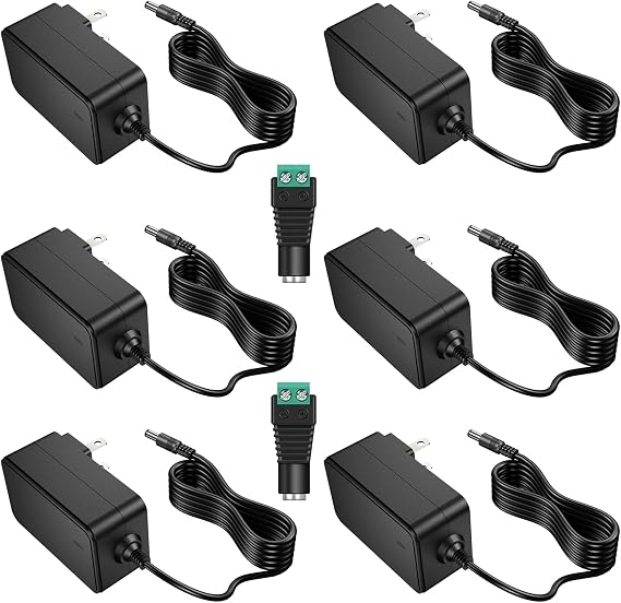 12V 2A AC Adapter Charger Replacement with 2 Tips, Regulated 12 Volts 2000mA Power Supply Cord for LED Strip Light, CCTV Camera, BT Speaker, GPS, Webcam, Router, DC12V Transformer (6 Pack)