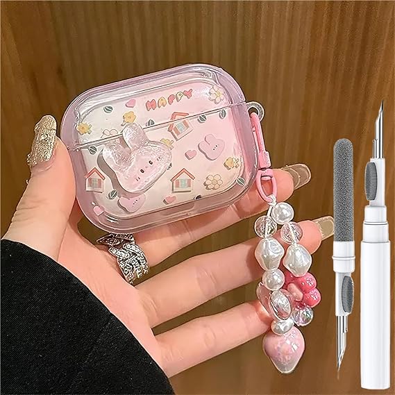 かわいいクリアケース Airpod Pro/Pro 2 Gen ケース 2019/2022/2023用 面白い 3D うさぎ カワイイ Apple Airpod Pro 第2世代/第1世代カバー クリーニングキット&パールキーホルダー付き 男の子 女の子 キッズ ティーン用 ピンク ラビット