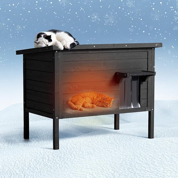 Ciokea Outdoor Cat House Weatherproof, Feral Cat House with Insulated All-Round Foam Wooden Cat Condos for Winter Outside, PVC Door Flaps(Black)