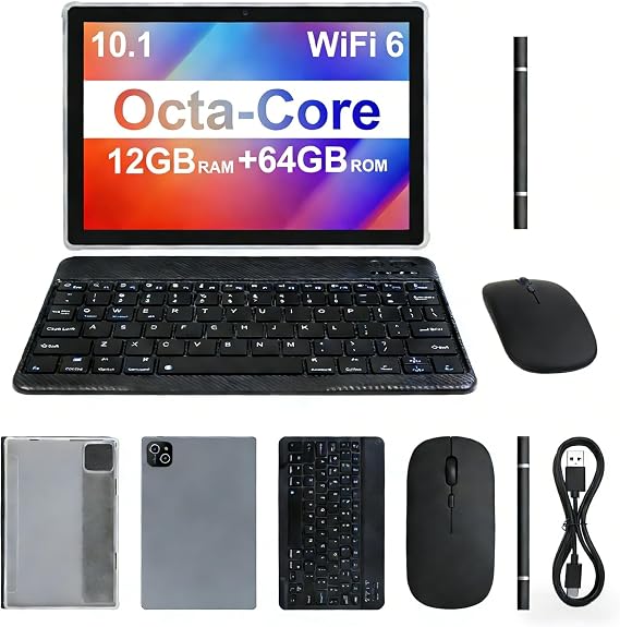 2026 Latest Tablet, 12GB RAM 64GB ROM, Octa-Core Processor 10.1" HD IPS Touchscreen Android Tablets, 2 in 1 Tablet with Keyboard, Mouse, Stylus, Case, 6000mAh Battery, WiFi 6, BT 5.4