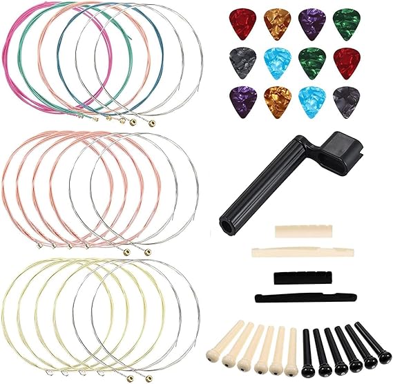 Guitar Accessories Guitar Strings Replacement Changing Tool Including Guitar Acoustic Strings, Picks, String Winder, Bridge Pins, Picks for Guitar Players Beginners