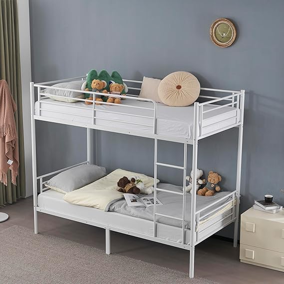 Twin Over Twin Bunk Bed, Heavy Duty Metal Single Bunk Bed Frame, Single over Single Loft Bed Frame with Ladder and Safety Guardrail, Space Saving High Sleeper Beds for Kids, Teens & Adults (White)