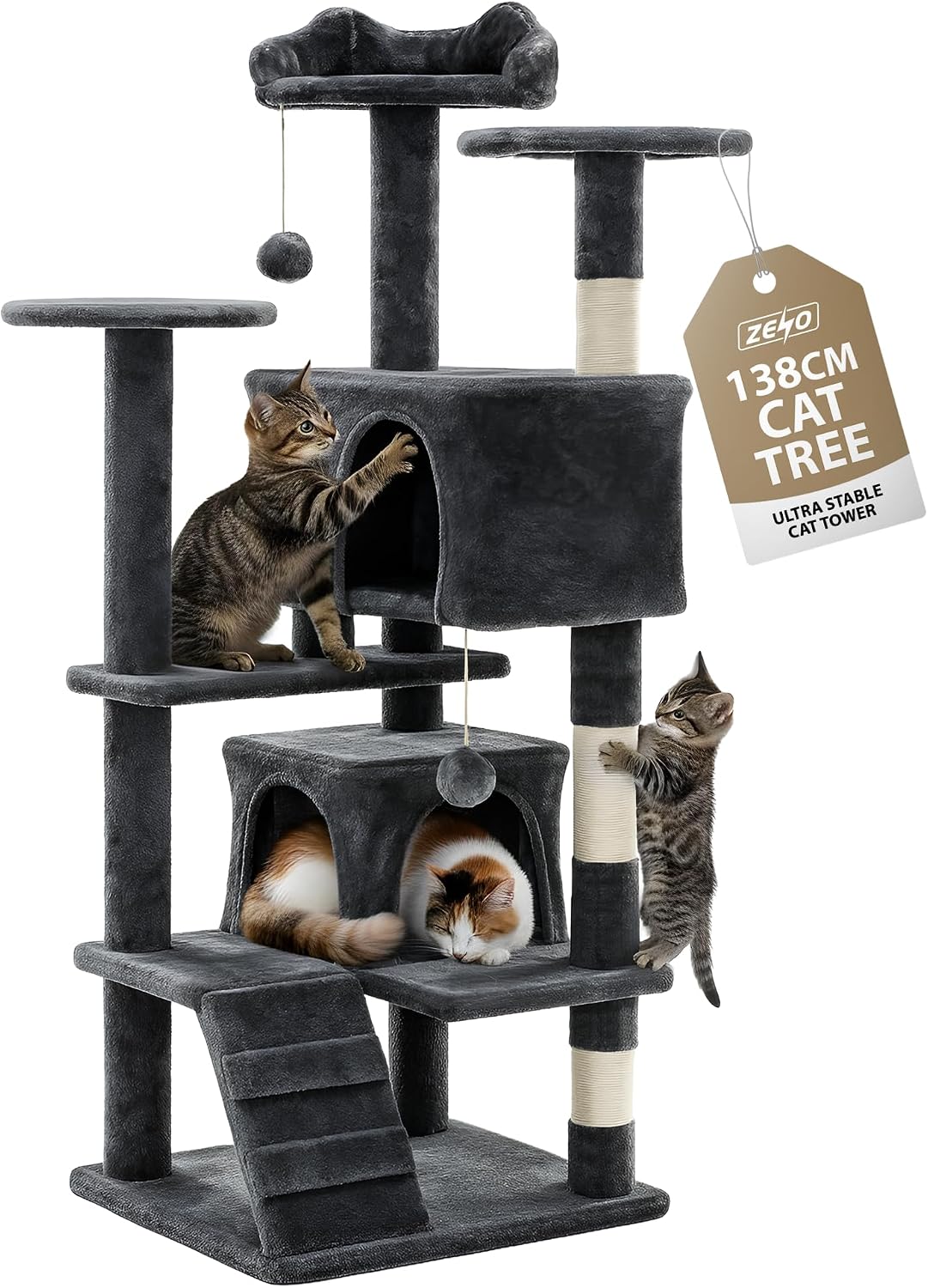 Rex & Roxy Cat Tree 138CM | Cat Tower for Indoor Cats | Scratch Post for Cats | Multi-Level Cat Climbing Frame with Condo, Perch, Hammock, Ladder & Sisal Rope Cat Scratching Post