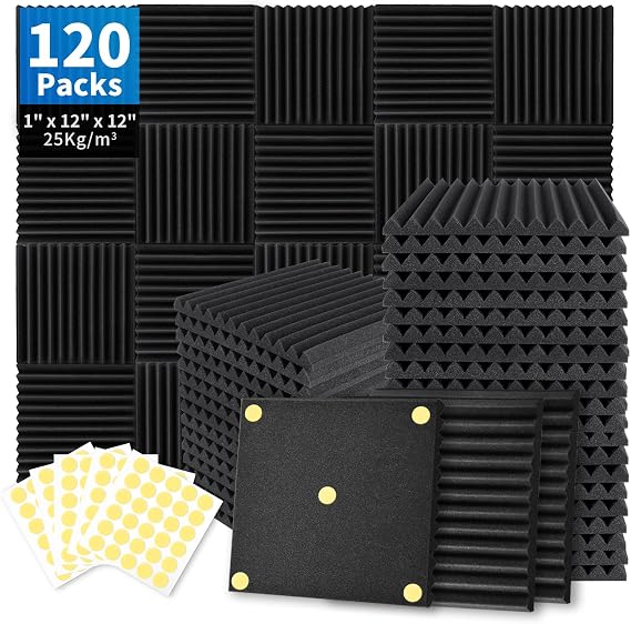 Focusound 120 Pack Acoustic Foam Panels 1" x 12" x 12" Sound Proof Foam Panels Soundproofing Noise Cancelling Wedge Panels for Home Office Recoding Studio with 600 PCS Double-Side Adhesive