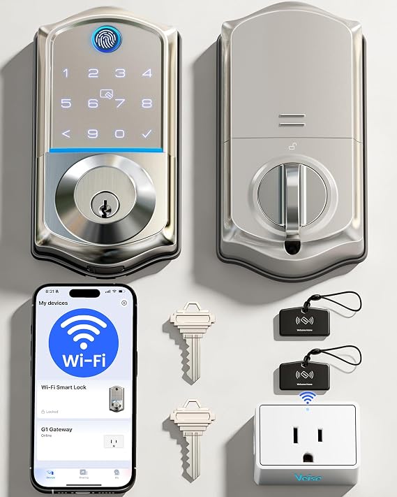 Veise VE017G WiFi Smart Keyless Entry Lock for Front Door, Satin Nickel