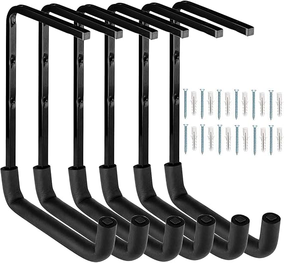 6 Pack Overhead Garage Storage Hooks, Heavy Duty Garage Storage Rack, Wall Mounted Ladder Hook, Utility Ceiling Hangers & Organizer for Wood,Tools, Bicycle