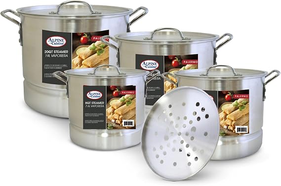 Alpine Cuisine Aluminum Steamer Stock Pot 12pc Set with Cooking Pot Lids 8, 12, 16, 20 Quart | Multi-Tier Steaming Capability | Ergonomically Designed Handles | Easy to Use & Effortless Clean