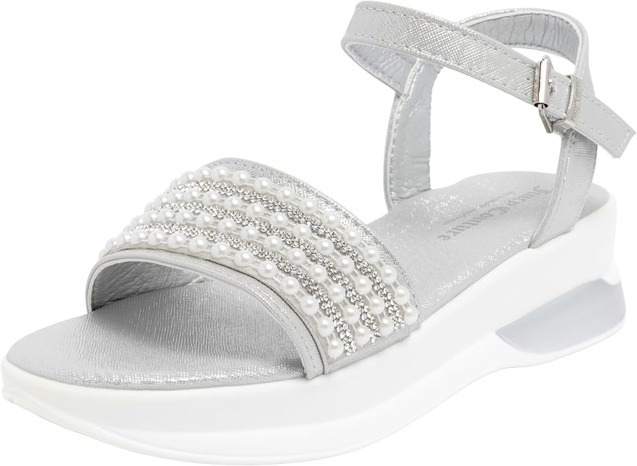 Juicy Couture Women's Embellished Platform Wedge Sandals, Rhinestone and Pearl Ankle Strap Summer Dressy Shoes with Cushioned Footbed
